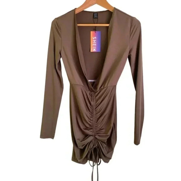 SHEIN SXY Plunging Neck Drawstring Front Bodycon Dress - Picture 3 of 7